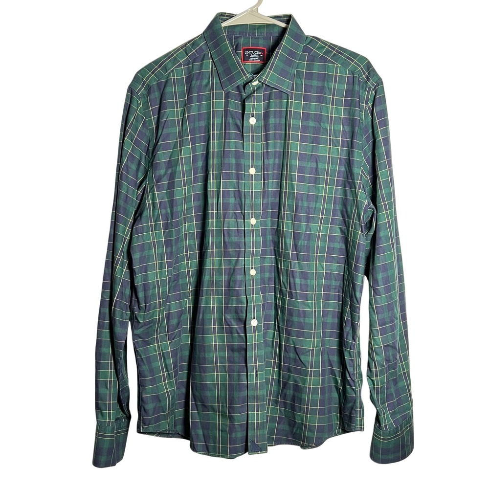 UNTUCKIT Mens Large Langon Green Navy Plaid Wrinkle‎ Free Cotton Dress Shirt - Picture 5 of 6